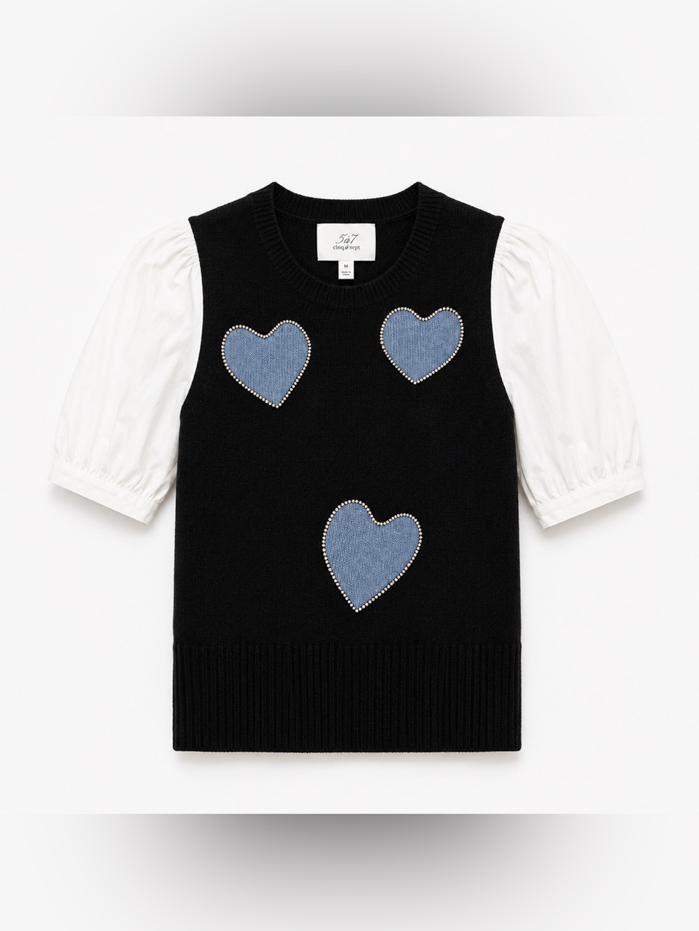 Cinq a Sept Rhinestone Heart Embellished Mixed Media Top